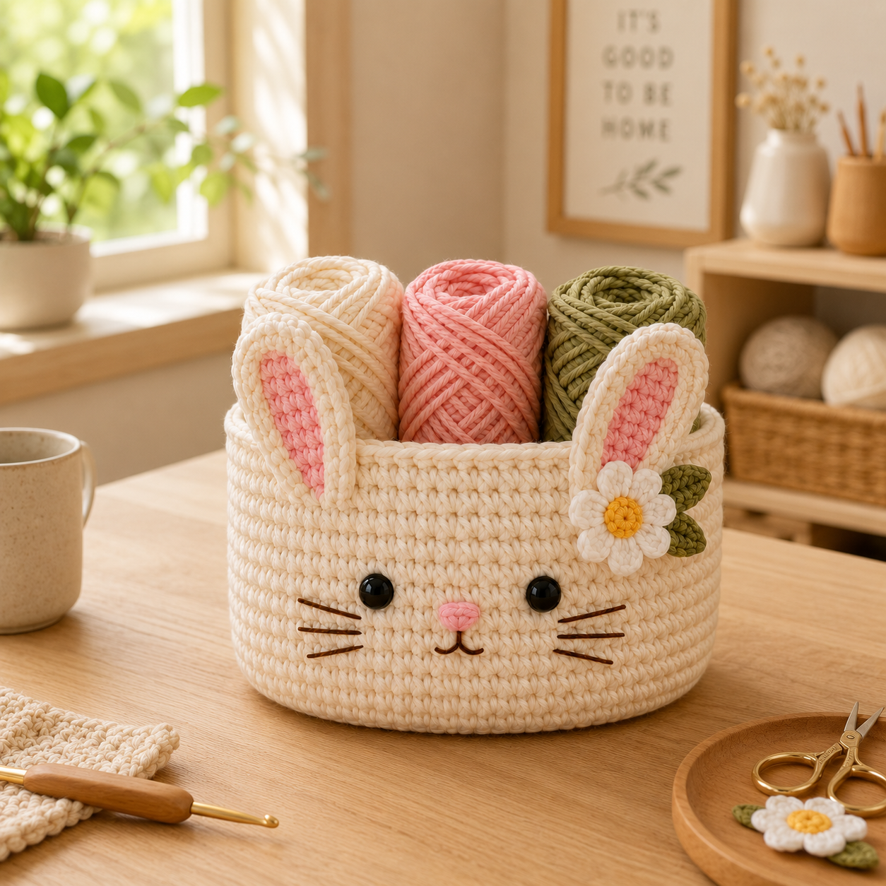 Cute Crochet Bunny Yarn Basket - Handmade Storage Bowl for Knitting & Craft Supplies