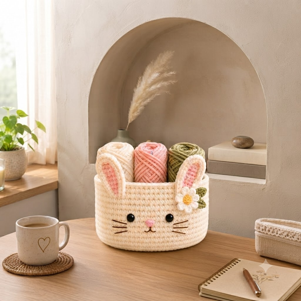 Cute Crochet Bunny Yarn Basket - Handmade Storage Bowl for Knitting & Craft Supplies