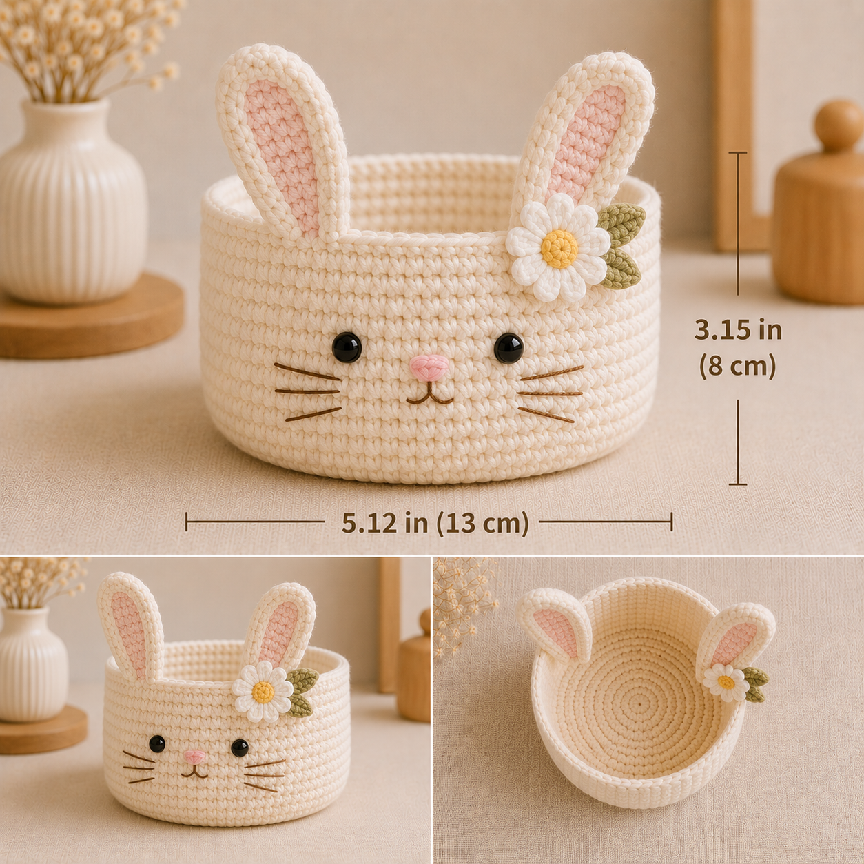Cute Crochet Bunny Yarn Basket - Handmade Storage Bowl for Knitting & Craft Supplies