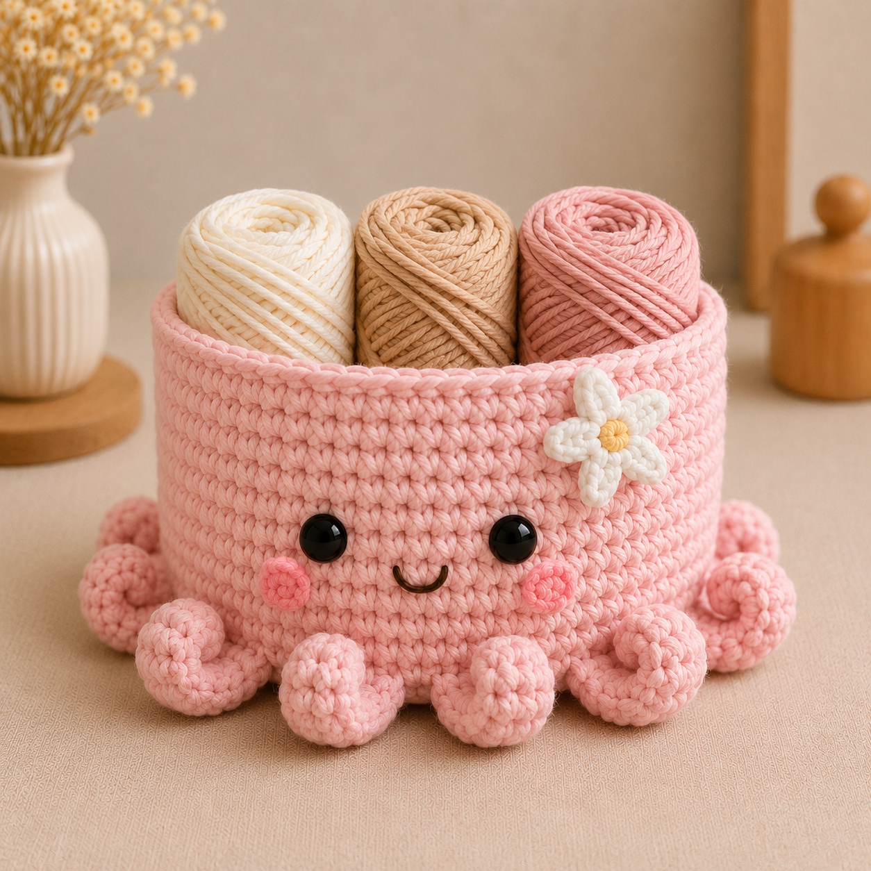 Cute Crochet Octopus Yarn Basket - Handmade Storage Bowl for Knitting & Craft Supplies