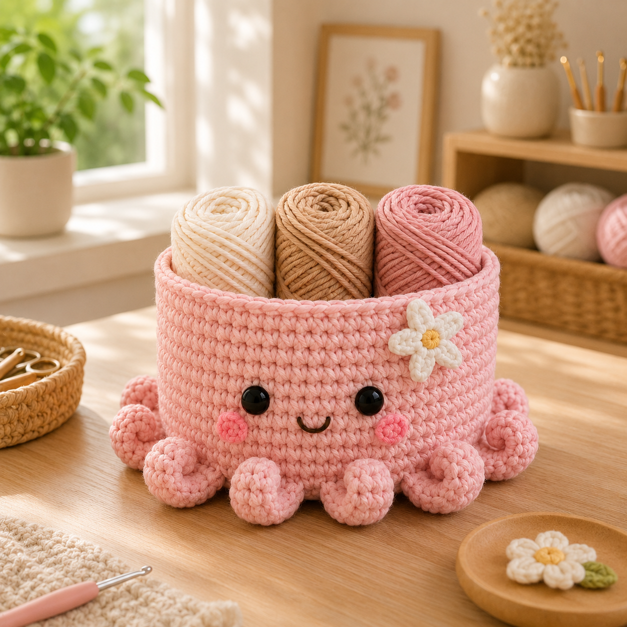 Cute Crochet Octopus Yarn Basket - Handmade Storage Bowl for Knitting & Craft Supplies