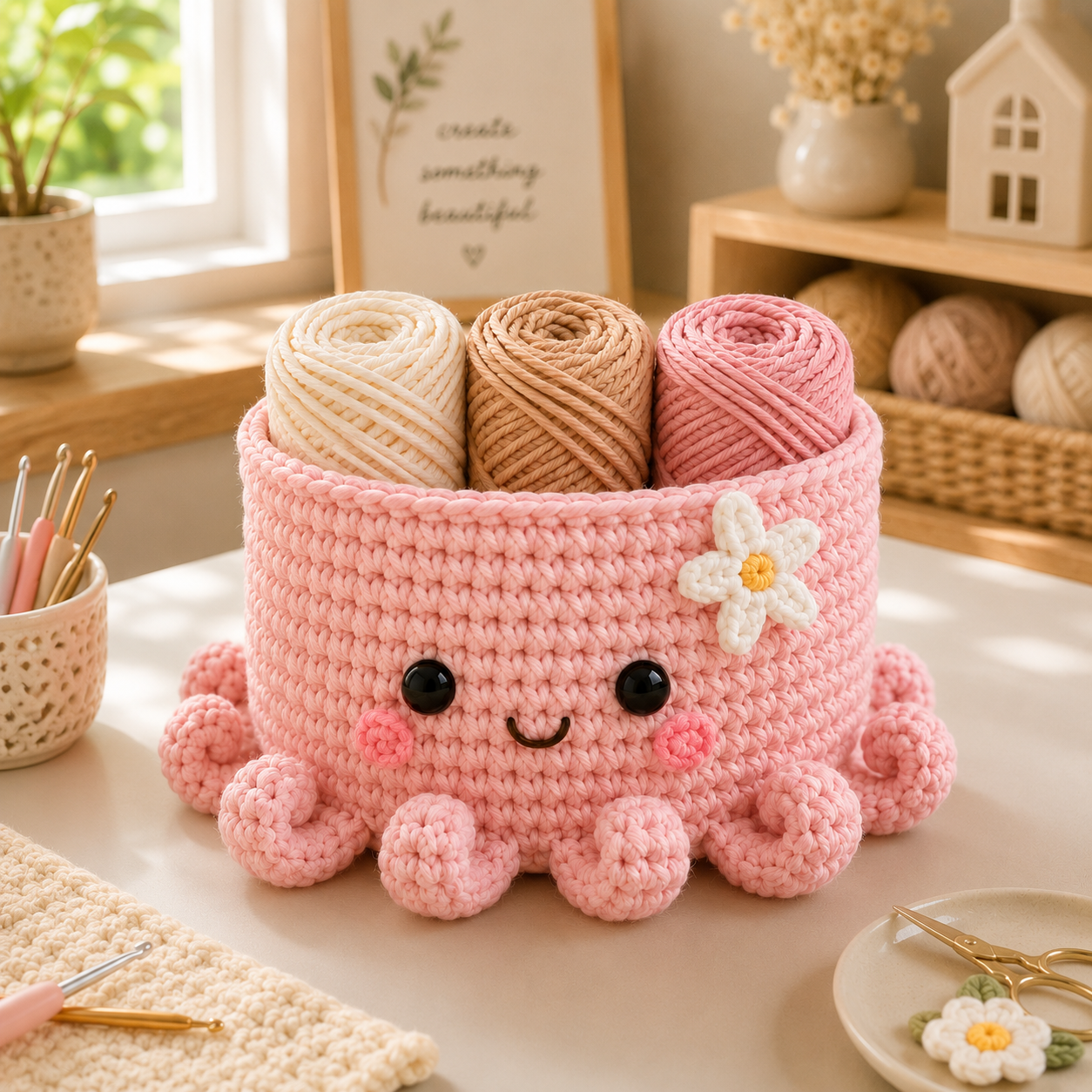 Cute Crochet Octopus Yarn Basket - Handmade Storage Bowl for Knitting & Craft Supplies