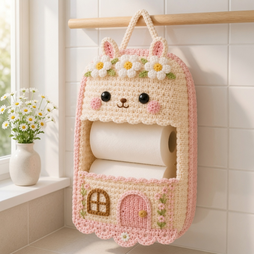 Crochet Bunny & Cottage Toilet Paper Holder - Handmade Hanging Organizer