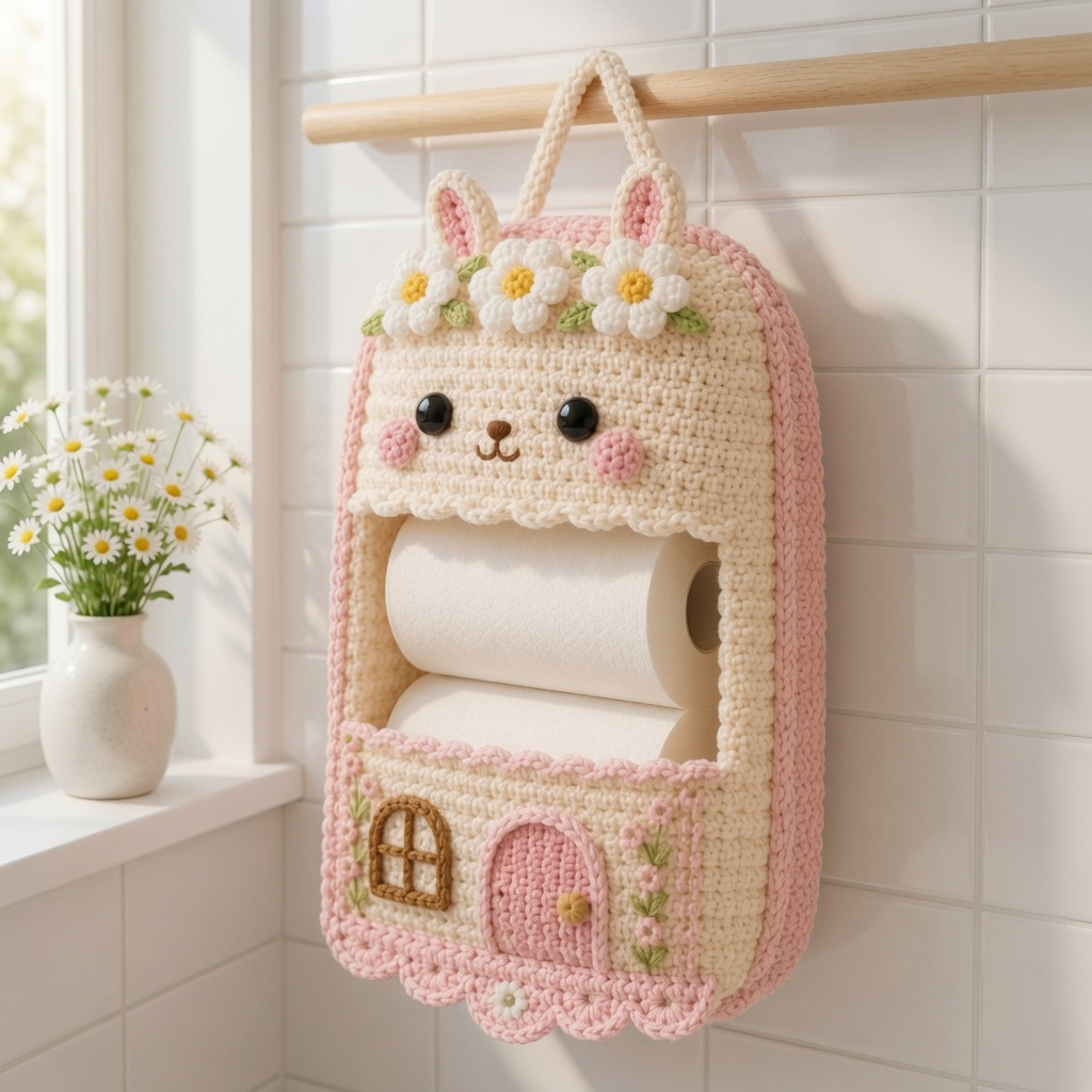 Crochet Bunny & Cottage Toilet Paper Holder - Handmade Hanging Organizer