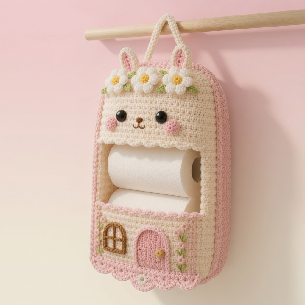 Crochet Bunny & Cottage Toilet Paper Holder - Handmade Hanging Organizer