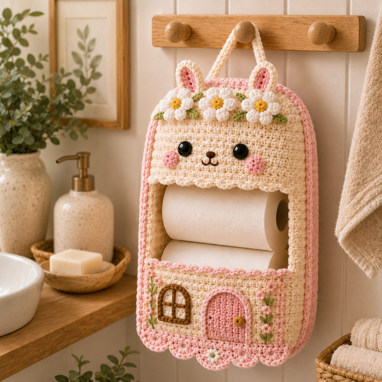 Crochet Bunny & Cottage Toilet Paper Holder - Handmade Hanging Organizer