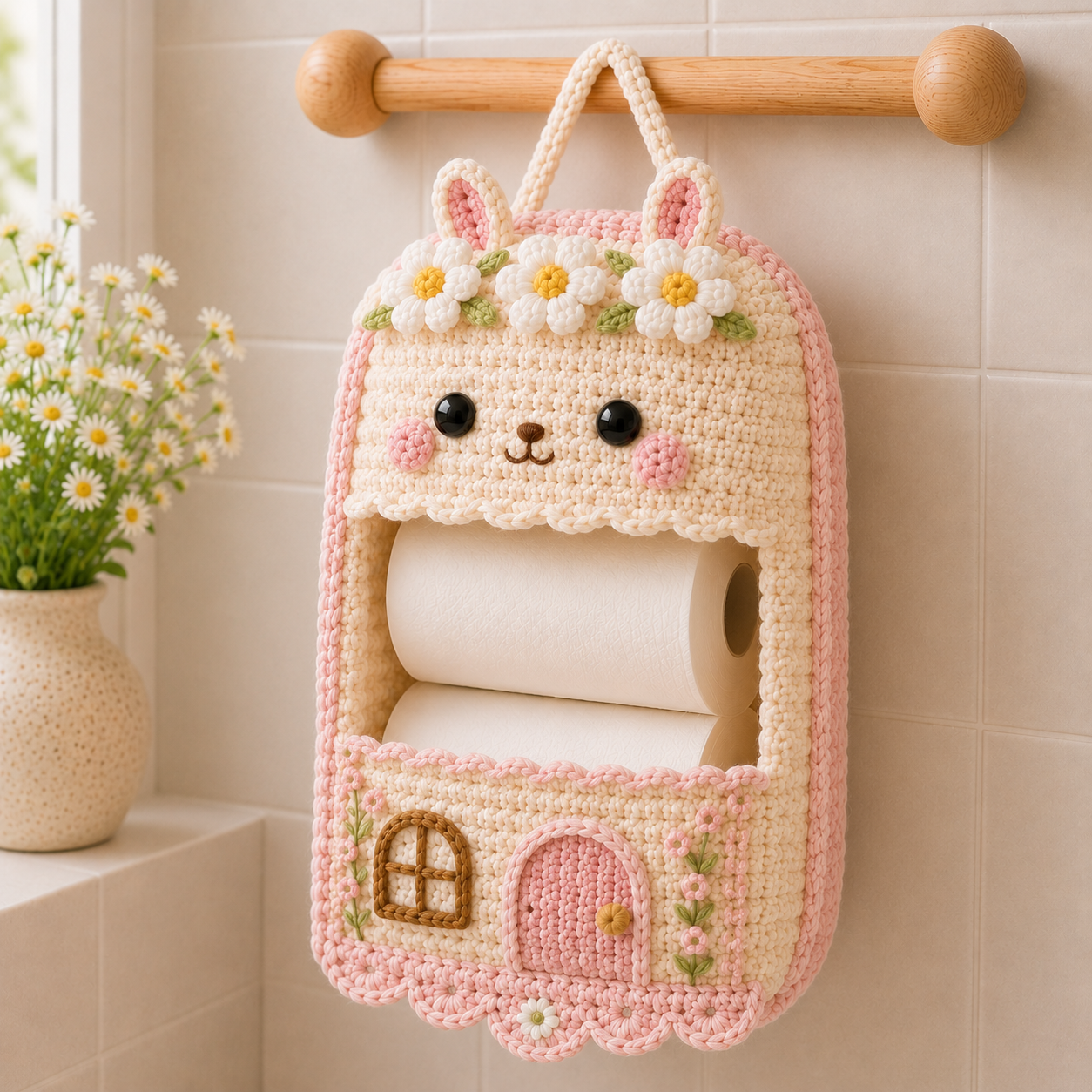 Crochet Bunny & Cottage Toilet Paper Holder - Handmade Hanging Organizer