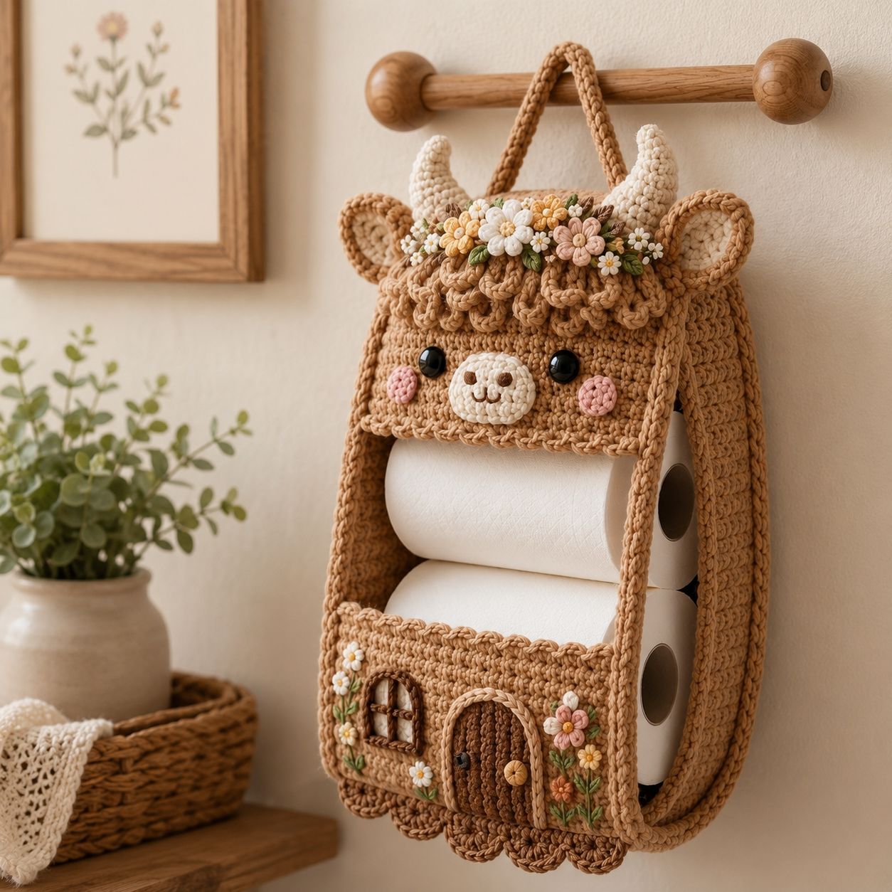 Crochet Highland Cow Toilet Paper Holder - Handmade Hanging Organizer