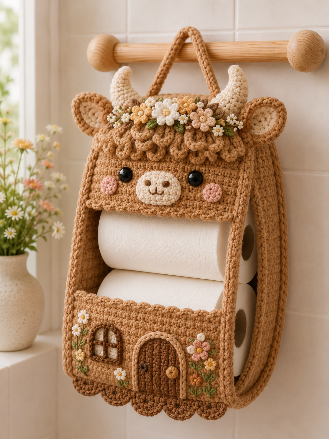 Crochet Highland Cow Toilet Paper Holder - Handmade Hanging Organizer