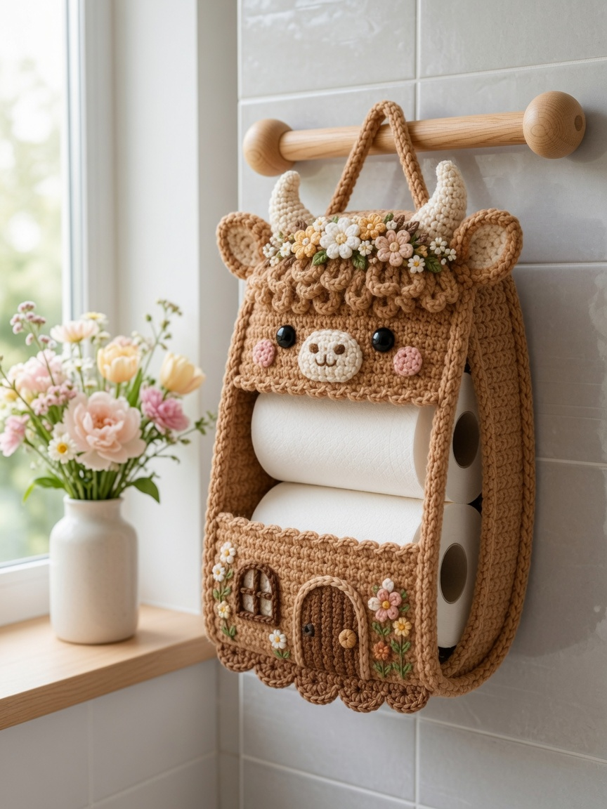 Crochet Highland Cow Toilet Paper Holder - Handmade Hanging Organizer