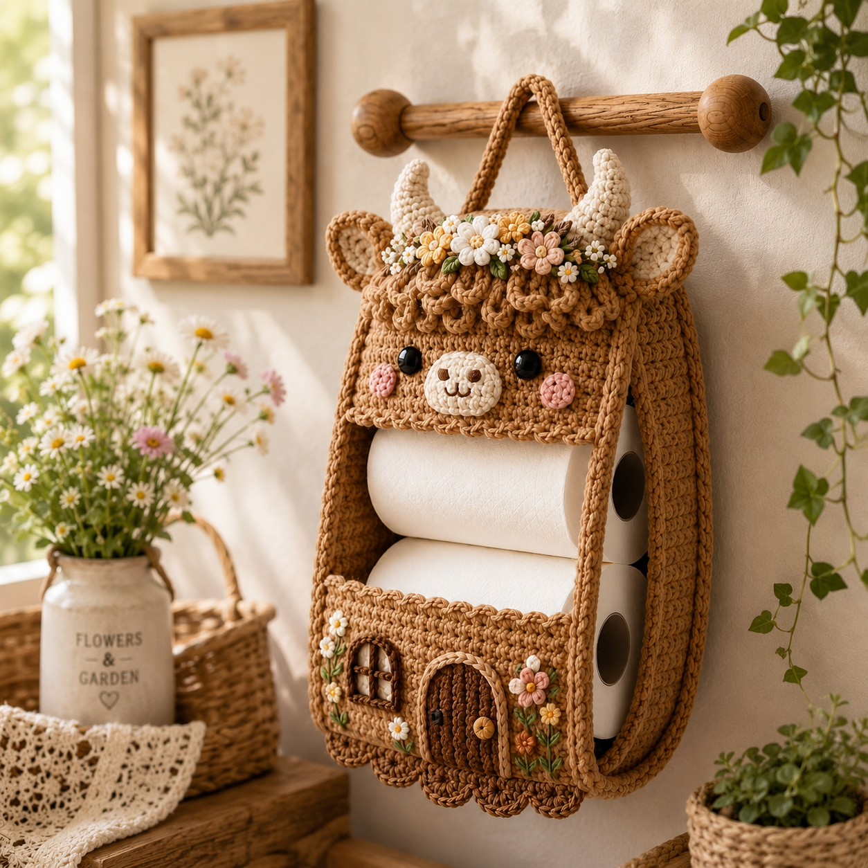 Crochet Highland Cow Toilet Paper Holder - Handmade Hanging Organizer