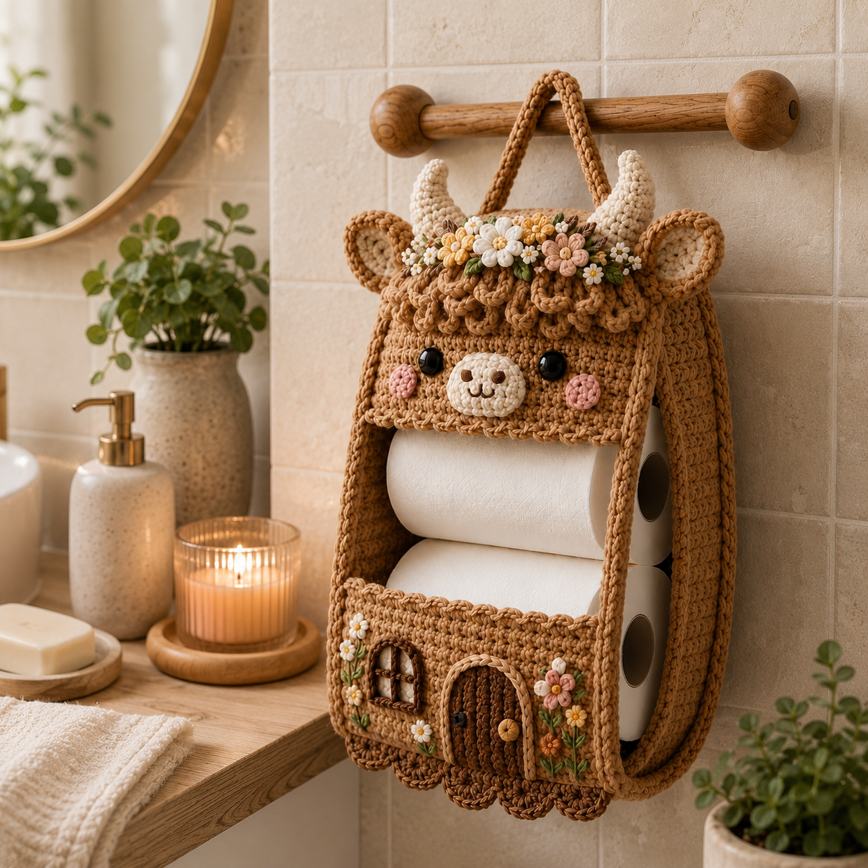 Crochet Highland Cow Toilet Paper Holder - Handmade Hanging Organizer