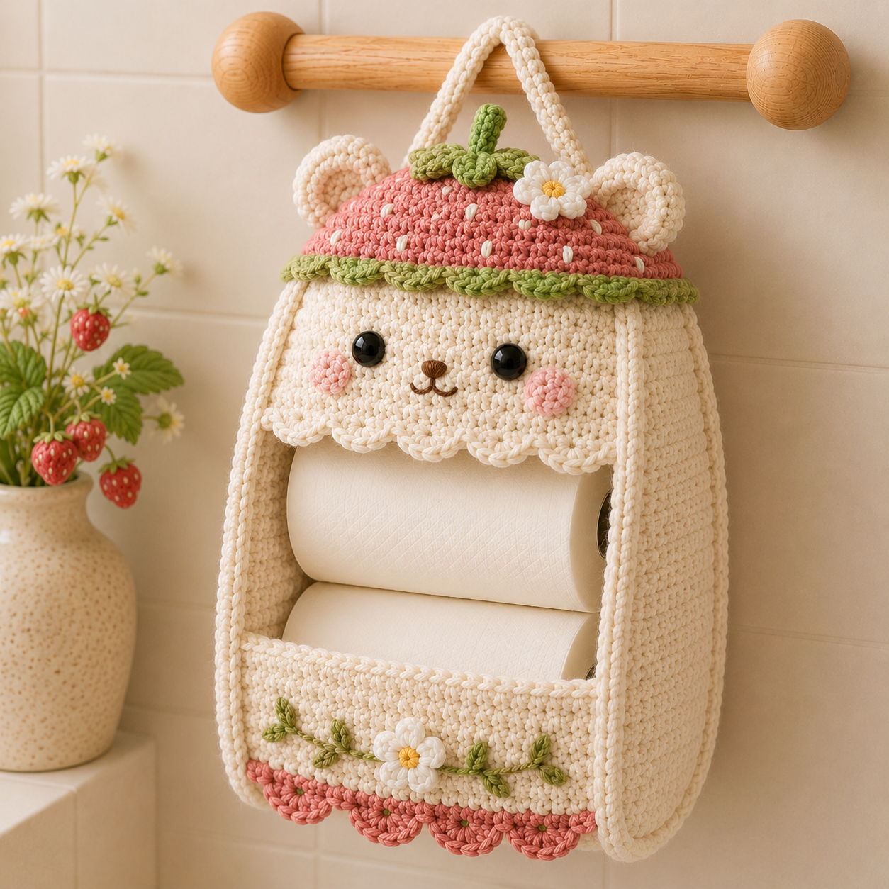 Crochet Strawberry Bear Toilet Paper Holder - Handmade Hanging Organizer
