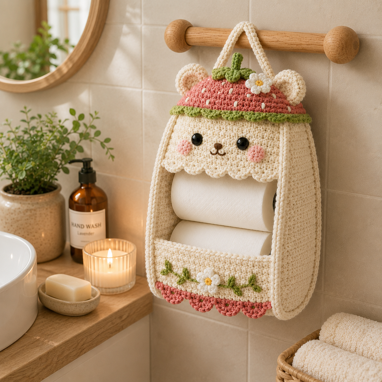Crochet Strawberry Bear Toilet Paper Holder - Handmade Hanging Organizer
