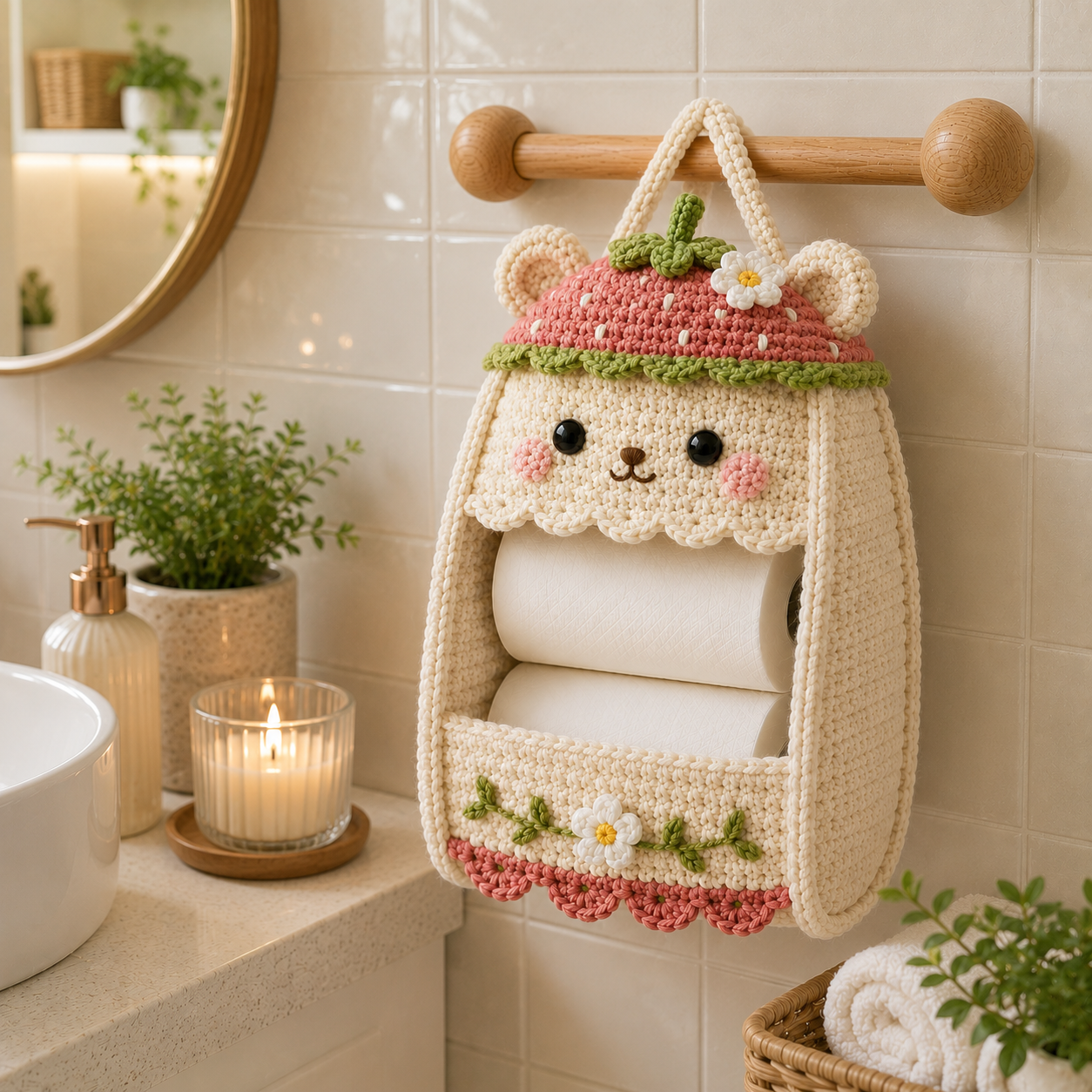 Crochet Strawberry Bear Toilet Paper Holder - Handmade Hanging Organizer