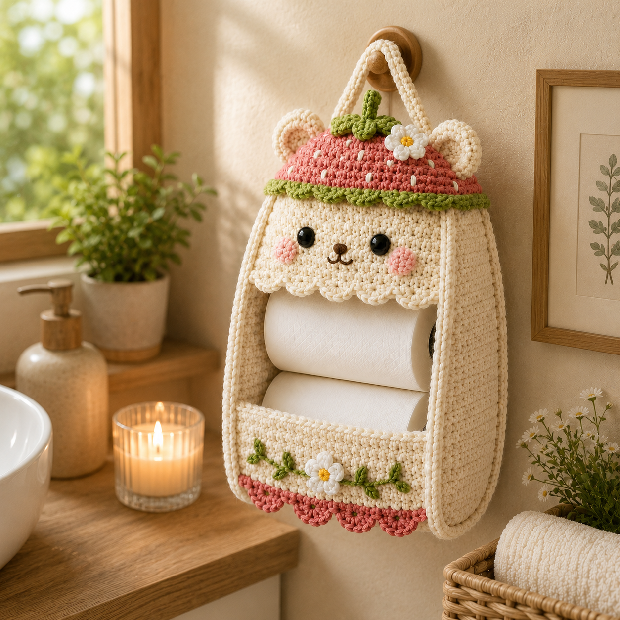 Crochet Strawberry Bear Toilet Paper Holder - Handmade Hanging Organizer