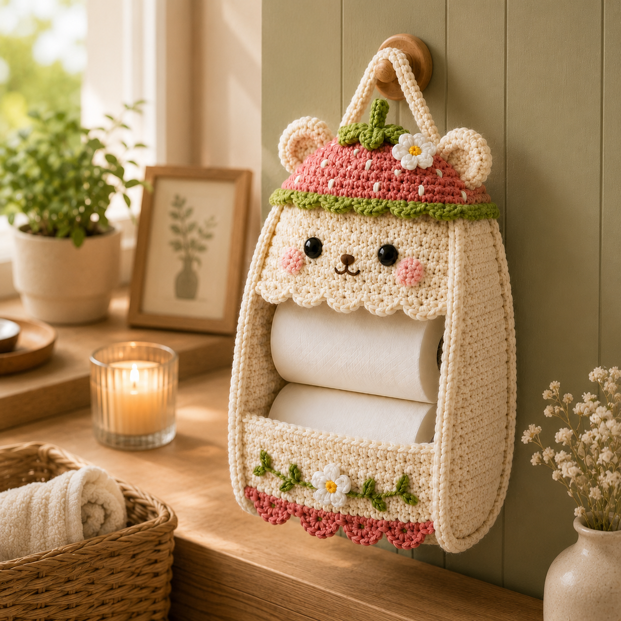 Crochet Strawberry Bear Toilet Paper Holder - Handmade Hanging Organizer