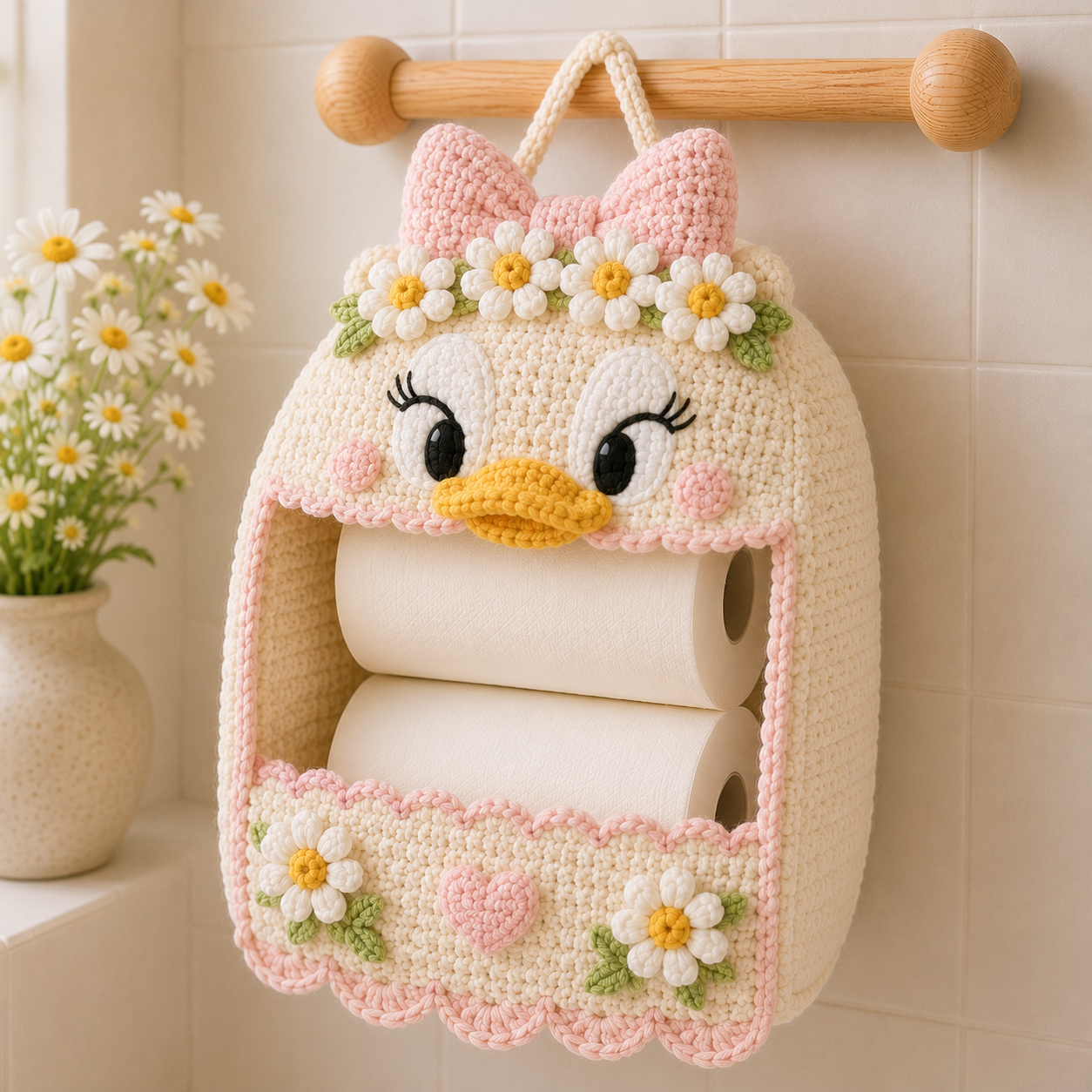 Crochet Daisy Duck Toilet Paper Holder - Handmade Hanging Organizer