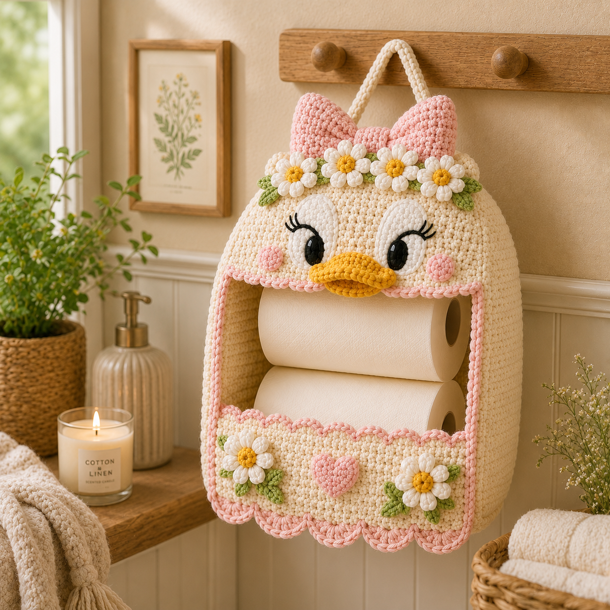 Crochet Daisy Duck Toilet Paper Holder - Handmade Hanging Organizer