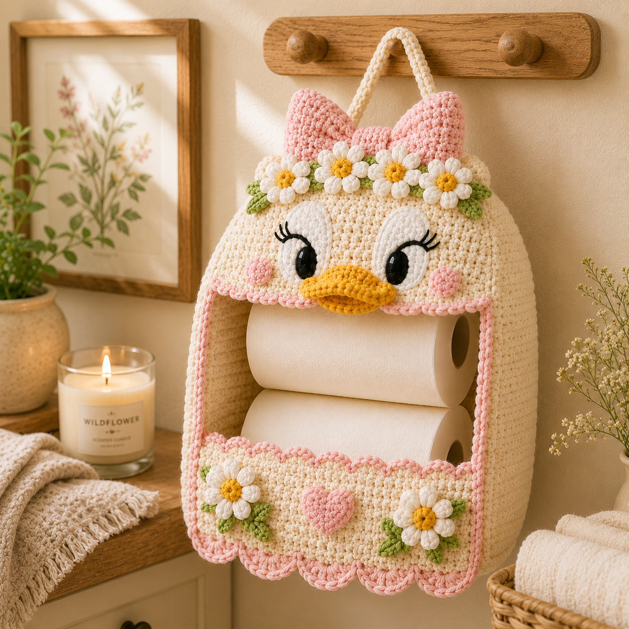 Crochet Daisy Duck Toilet Paper Holder - Handmade Hanging Organizer