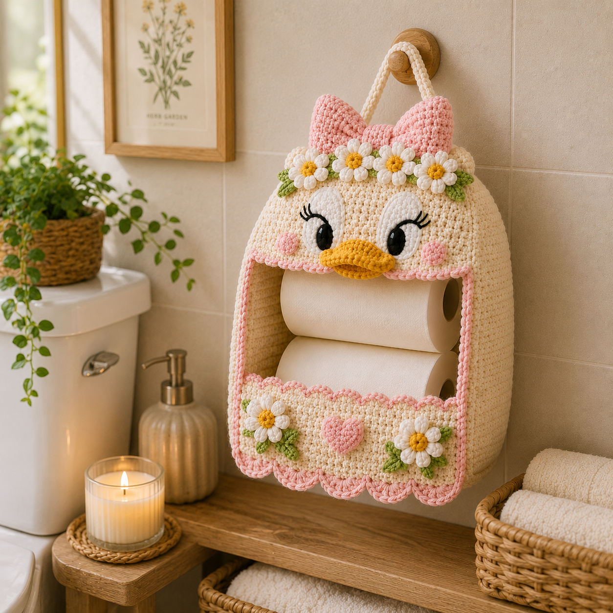 Crochet Daisy Duck Toilet Paper Holder - Handmade Hanging Organizer