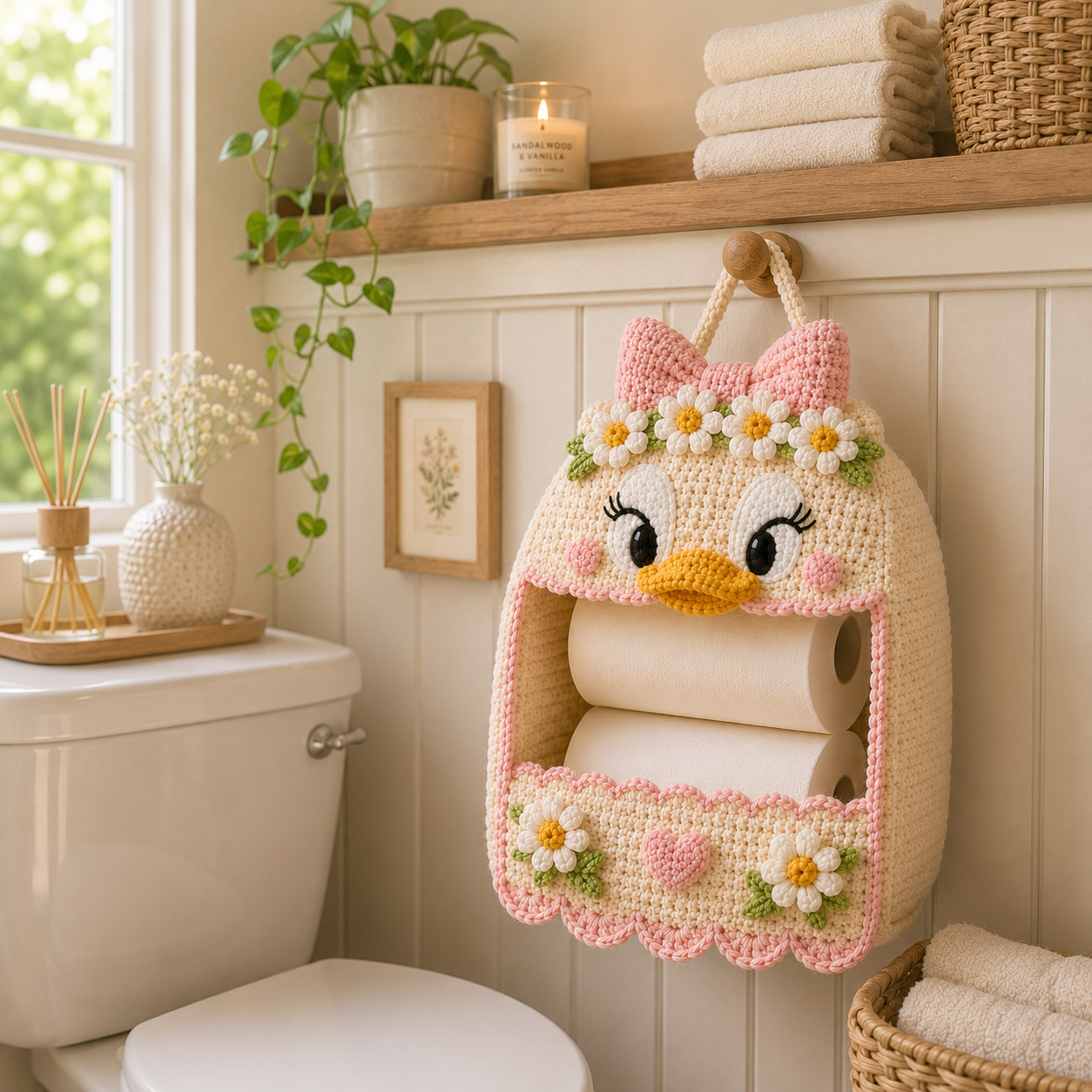 Crochet Daisy Duck Toilet Paper Holder - Handmade Hanging Organizer