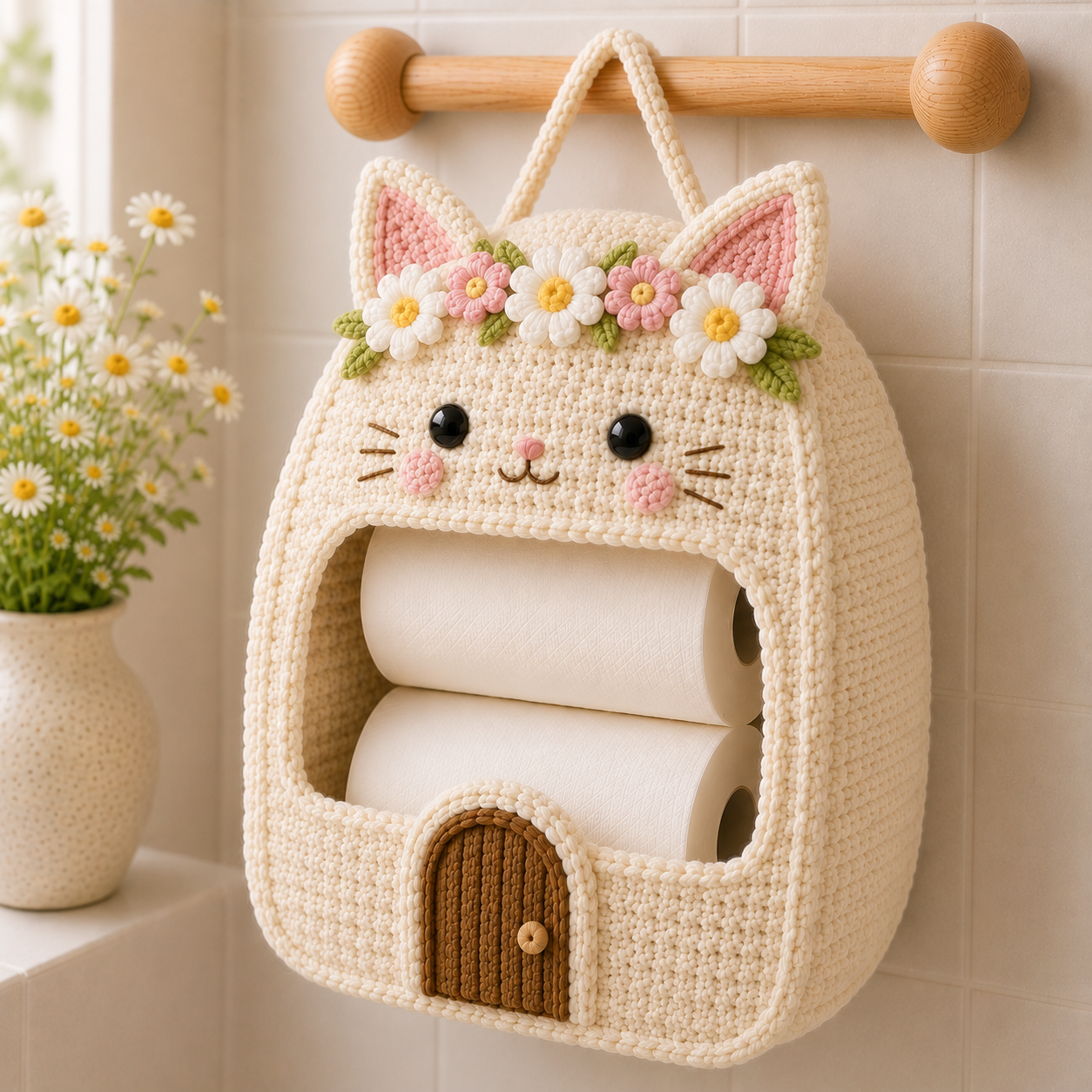 Crochet Cat Toilet Paper Holder - Handmade Hanging Organizer