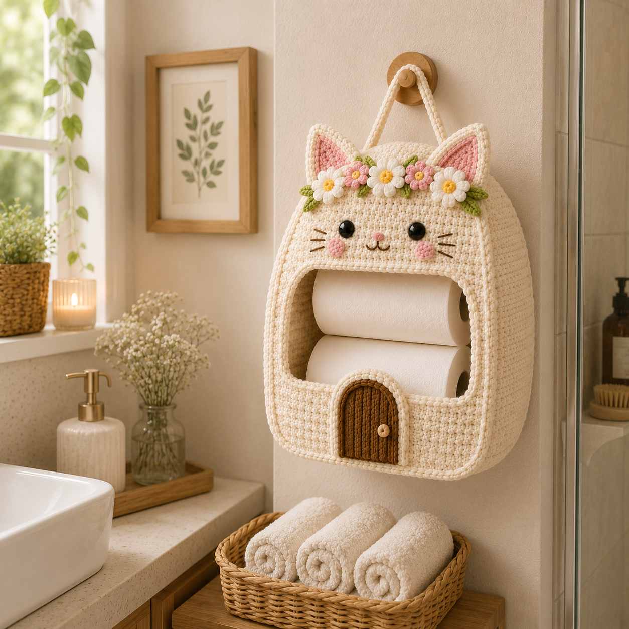 Crochet Cat Toilet Paper Holder - Handmade Hanging Organizer