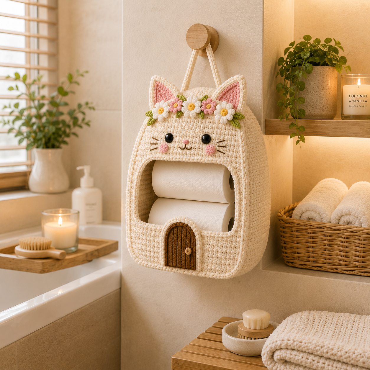 Crochet Cat Toilet Paper Holder - Handmade Hanging Organizer