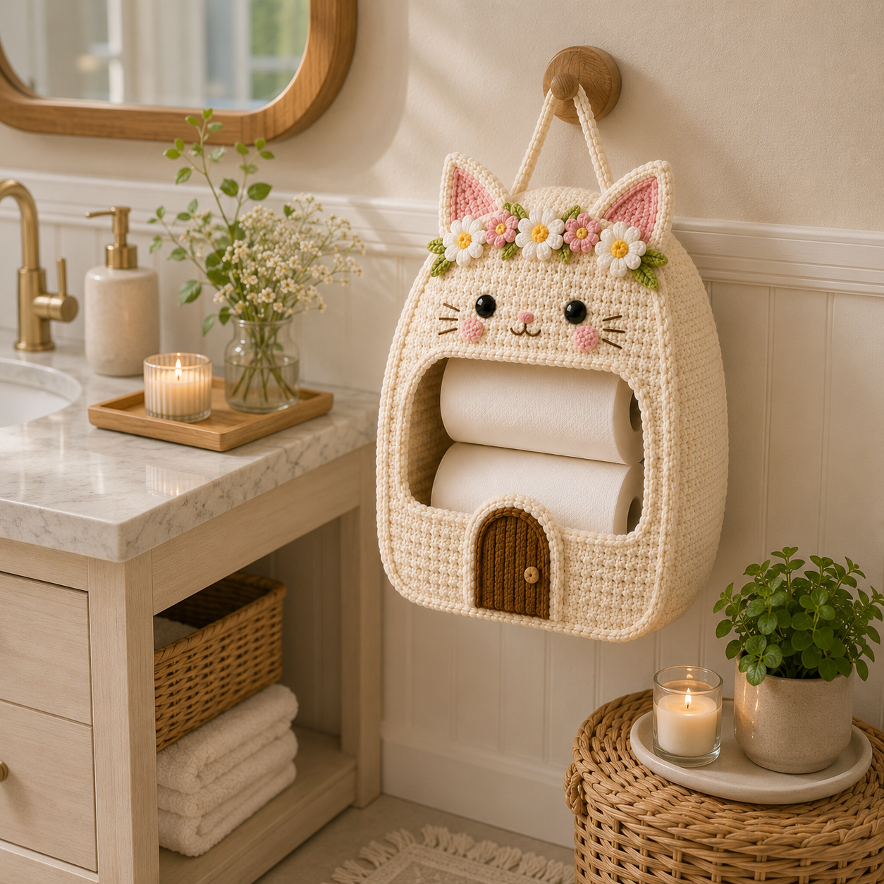 Crochet Cat Toilet Paper Holder - Handmade Hanging Organizer