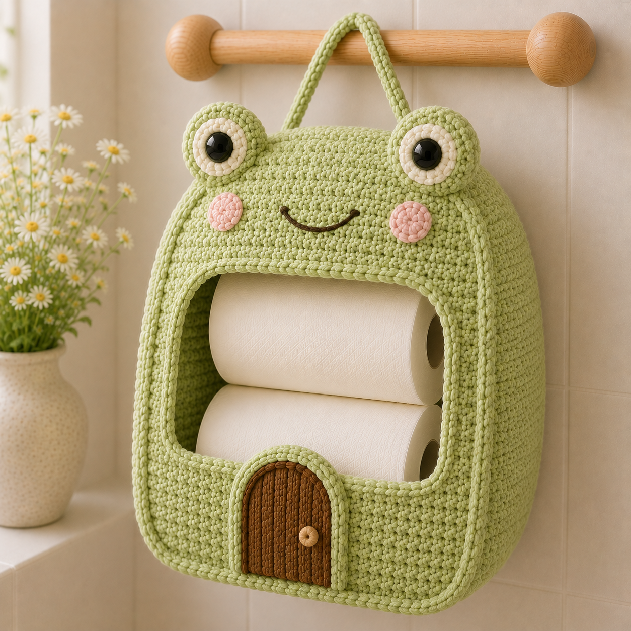 Crochet Frog Toilet Paper Holder - Handmade Hanging Organizer