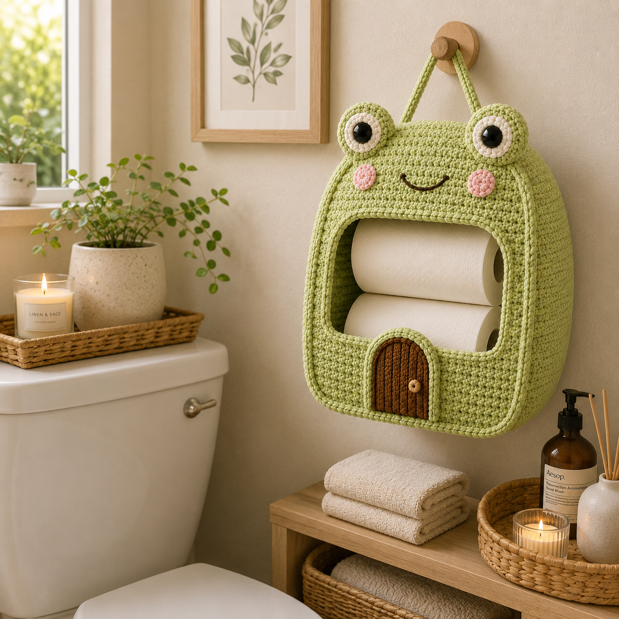 Crochet Frog Toilet Paper Holder - Handmade Hanging Organizer