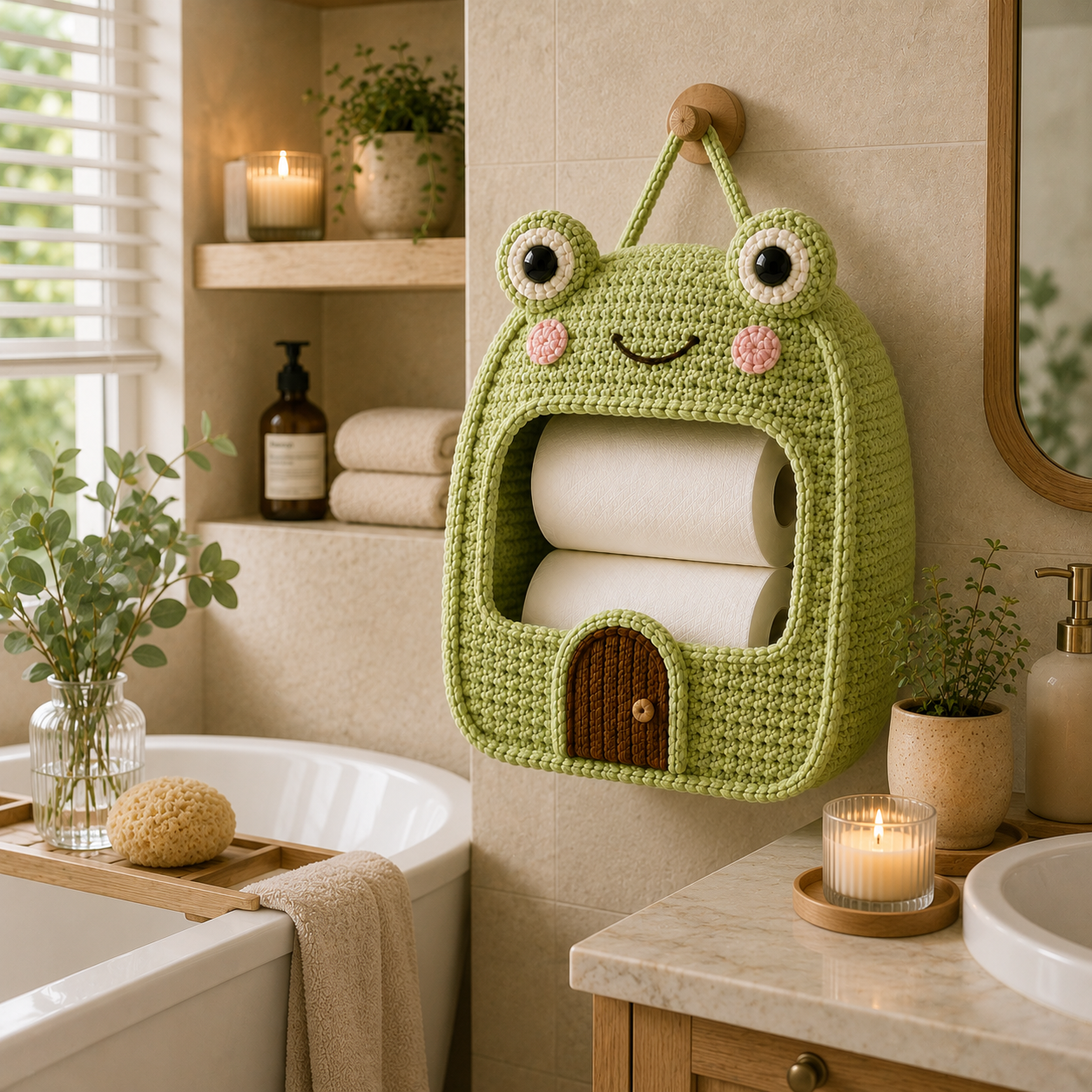 Crochet Frog Toilet Paper Holder - Handmade Hanging Organizer