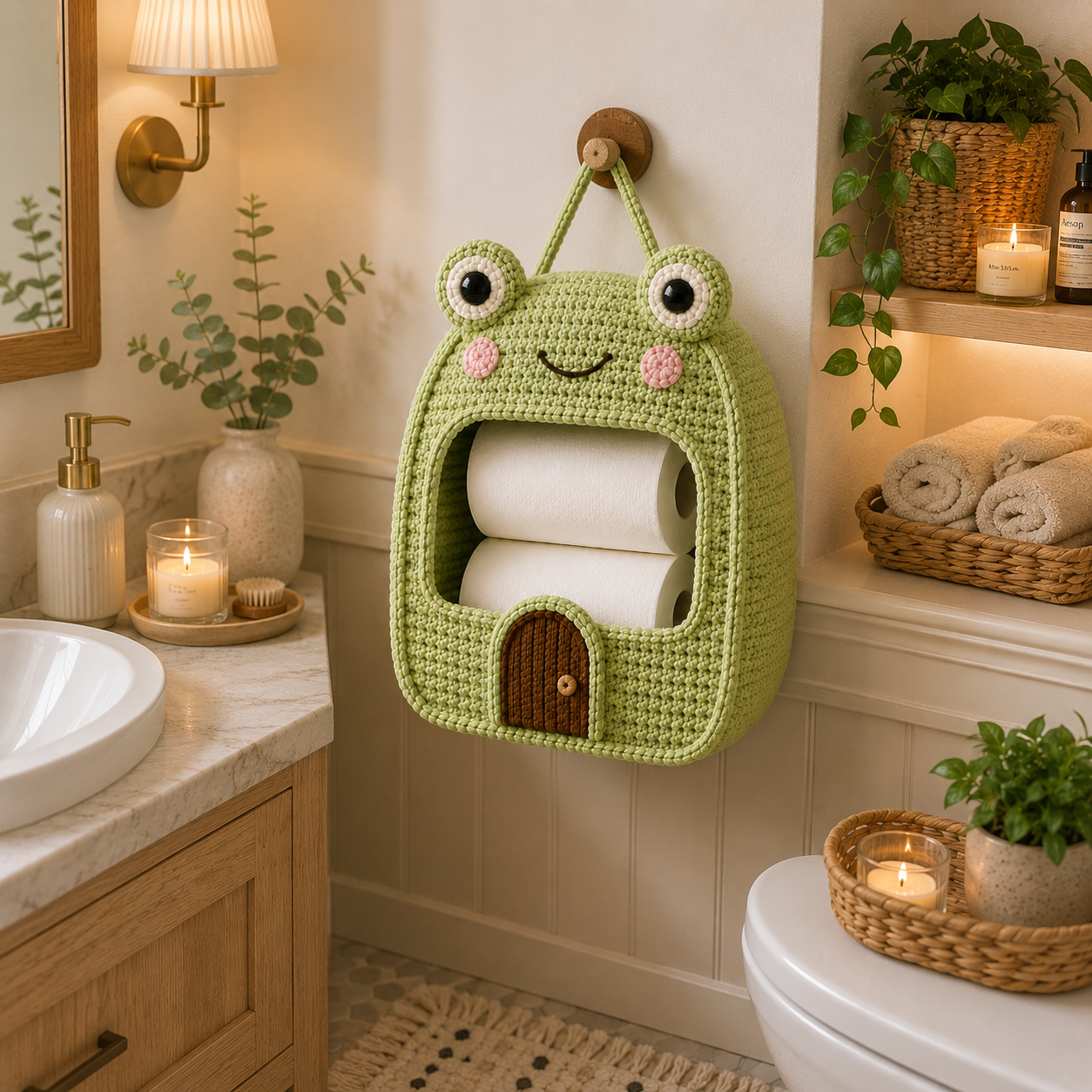 Crochet Frog Toilet Paper Holder - Handmade Hanging Organizer