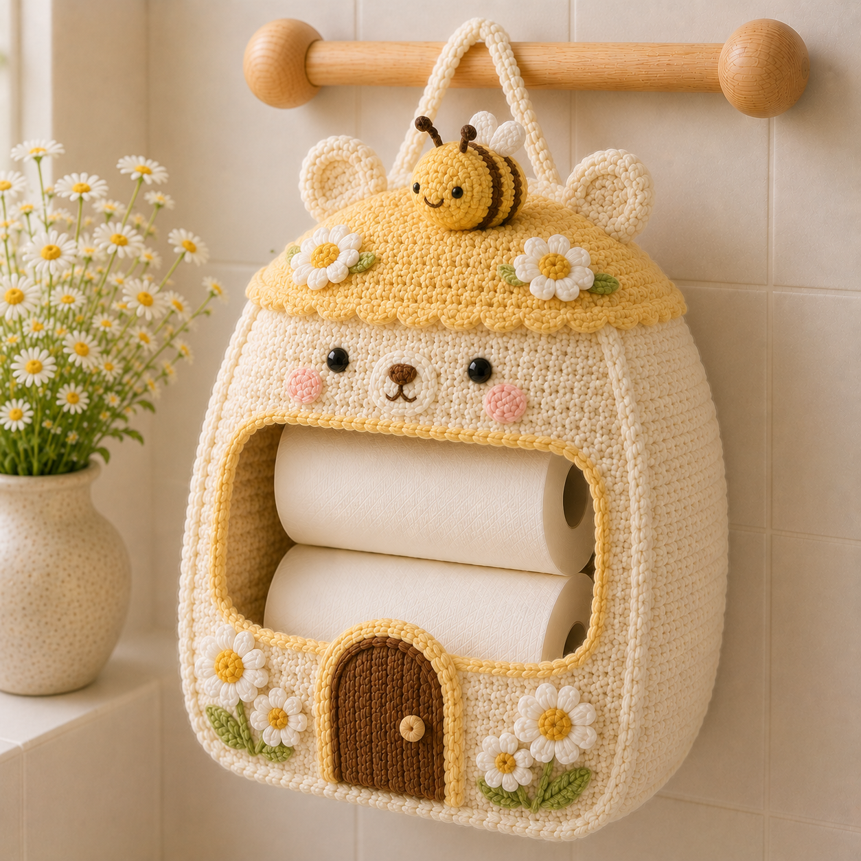 Crochet Honey Bee Bear Toilet Paper Holder - Handmade Hanging Organizer