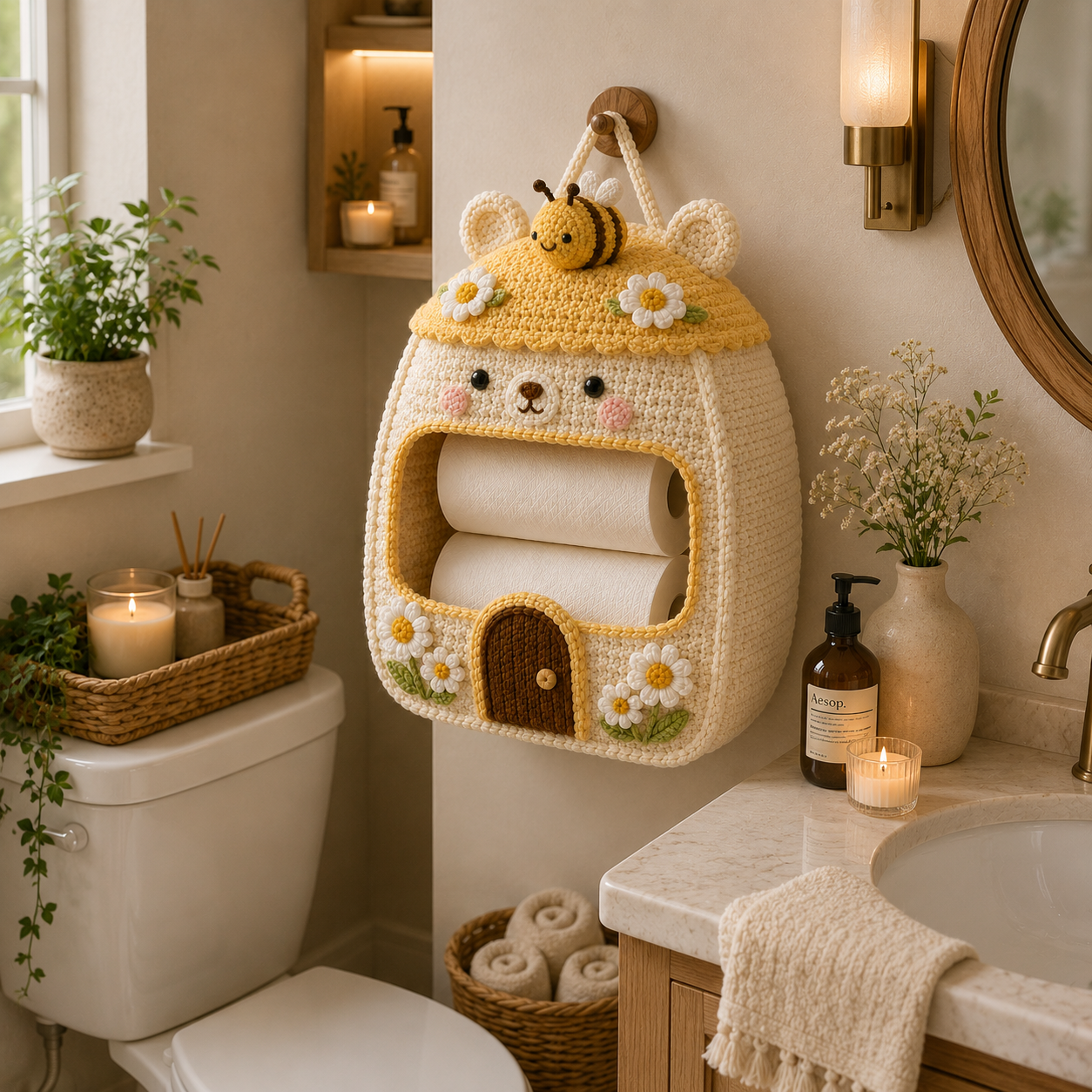 Crochet Honey Bee Bear Toilet Paper Holder - Handmade Hanging Organizer