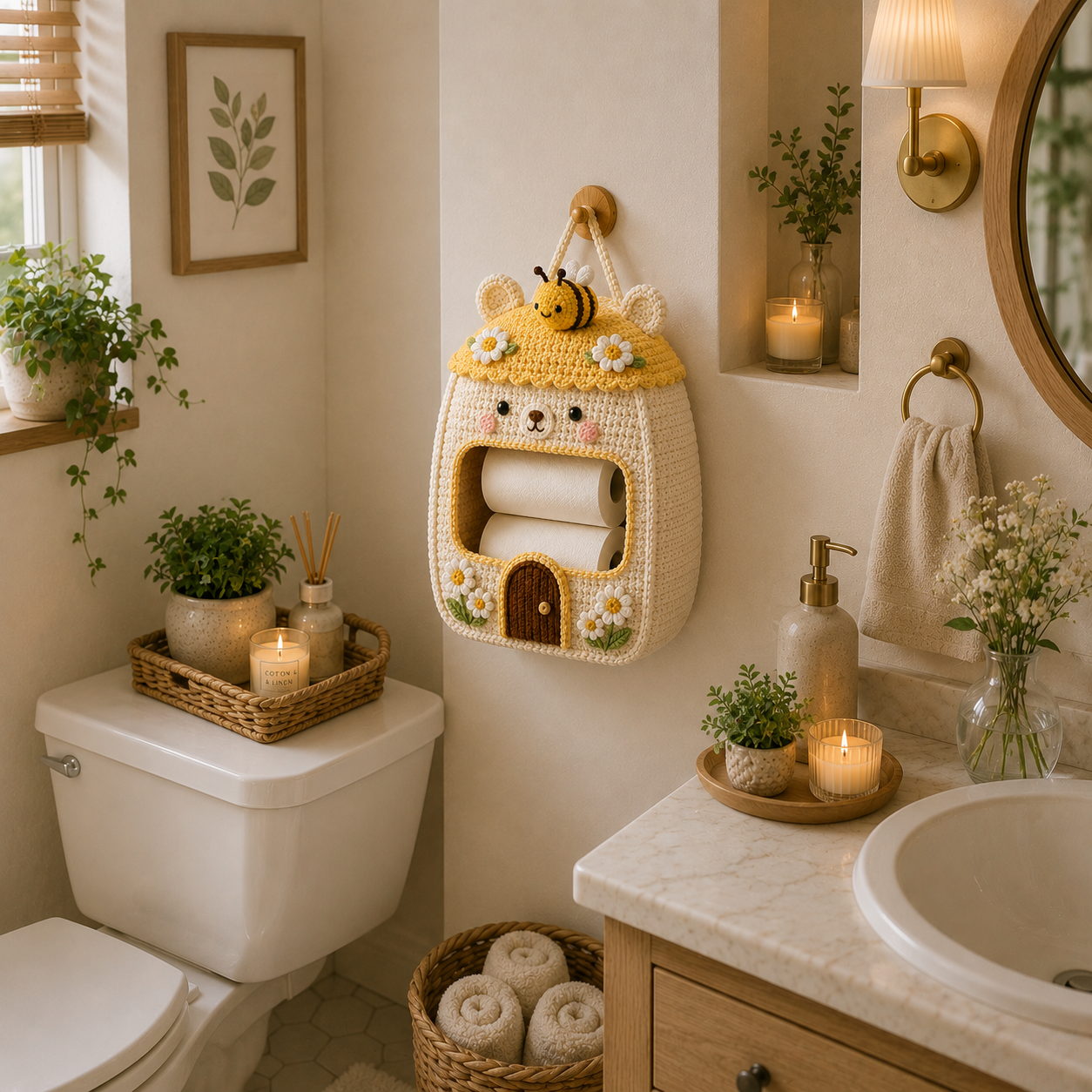 Crochet Honey Bee Bear Toilet Paper Holder - Handmade Hanging Organizer