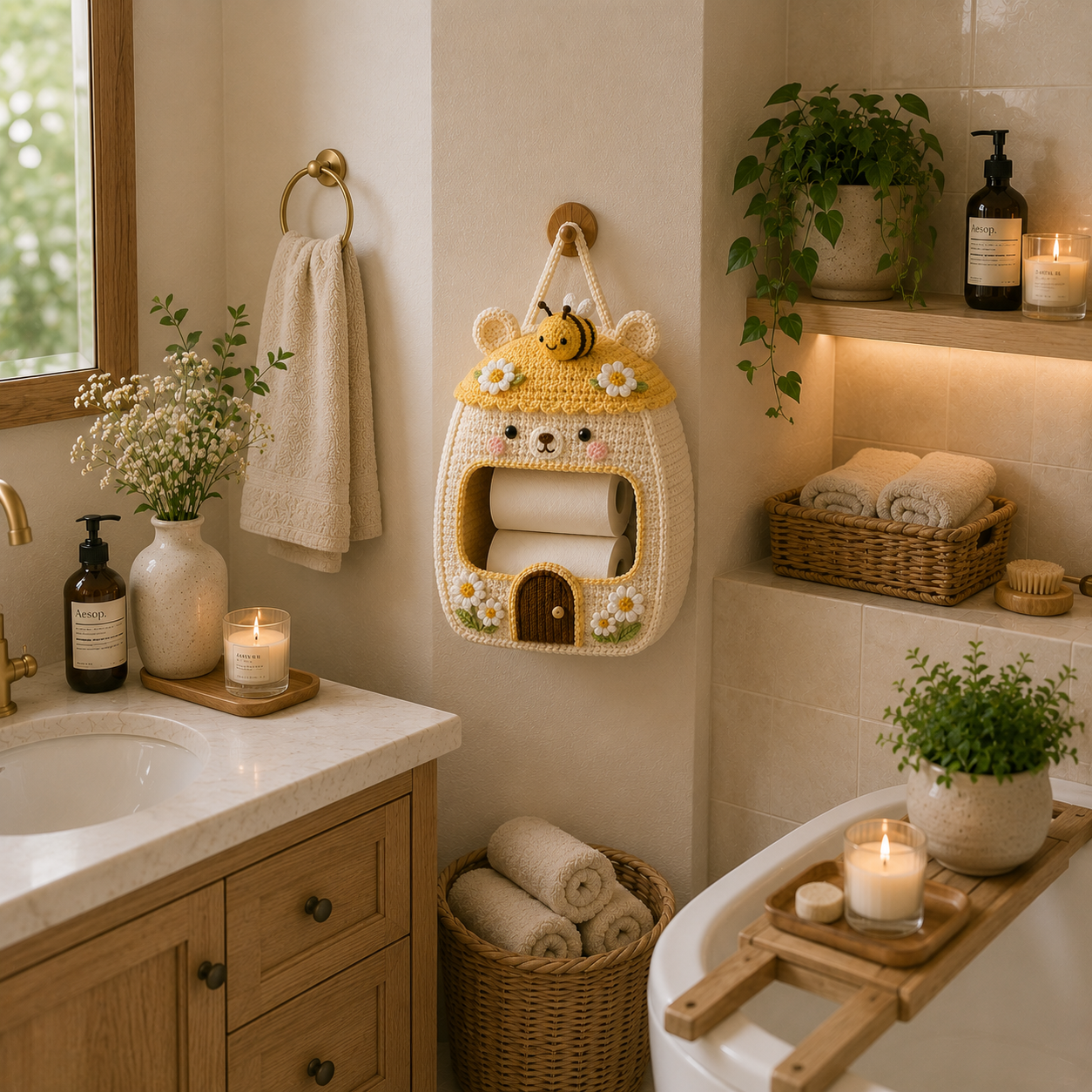 Crochet Honey Bee Bear Toilet Paper Holder - Handmade Hanging Organizer