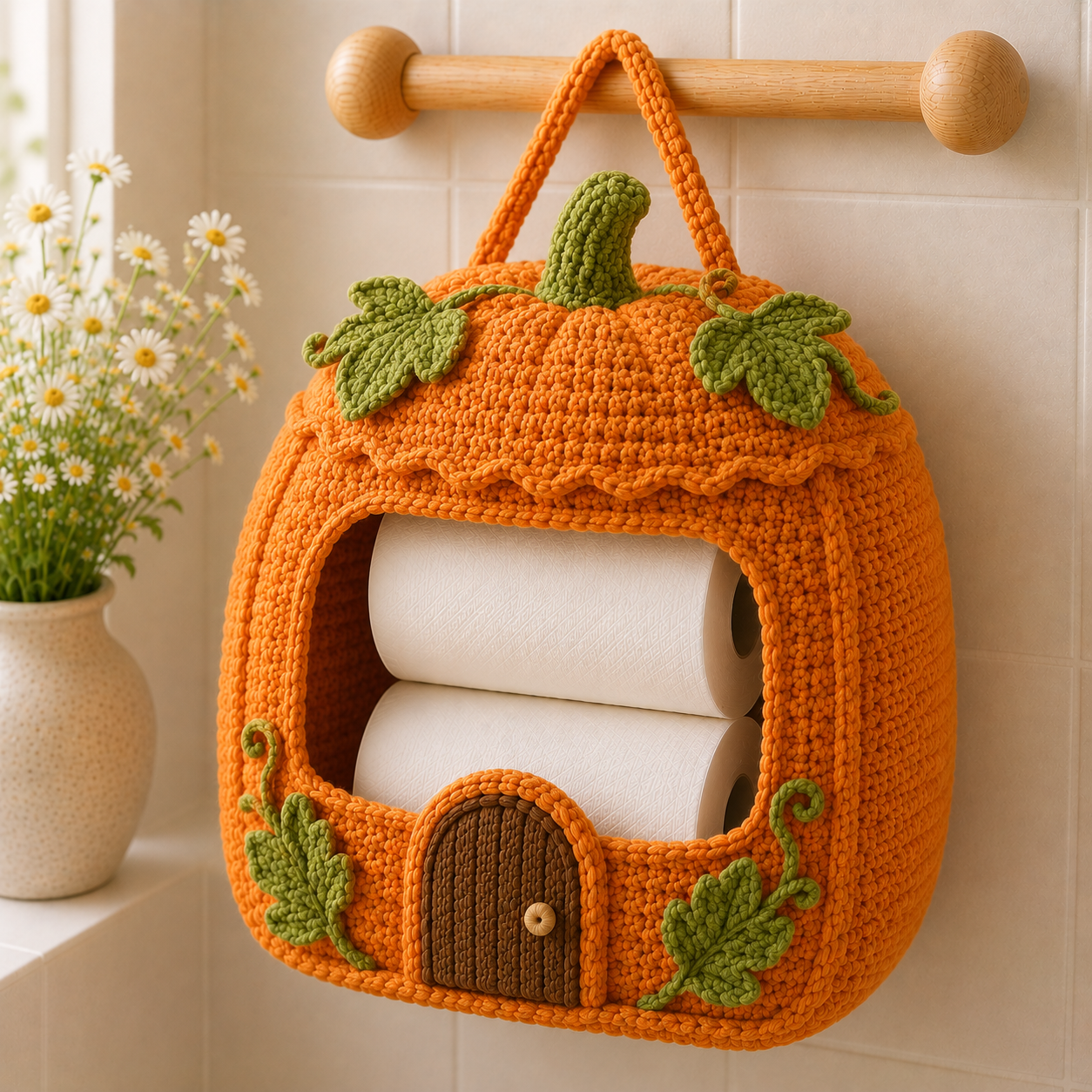 Crochet Pumpkin Toilet Paper Holder - Handmade Hanging Organizer