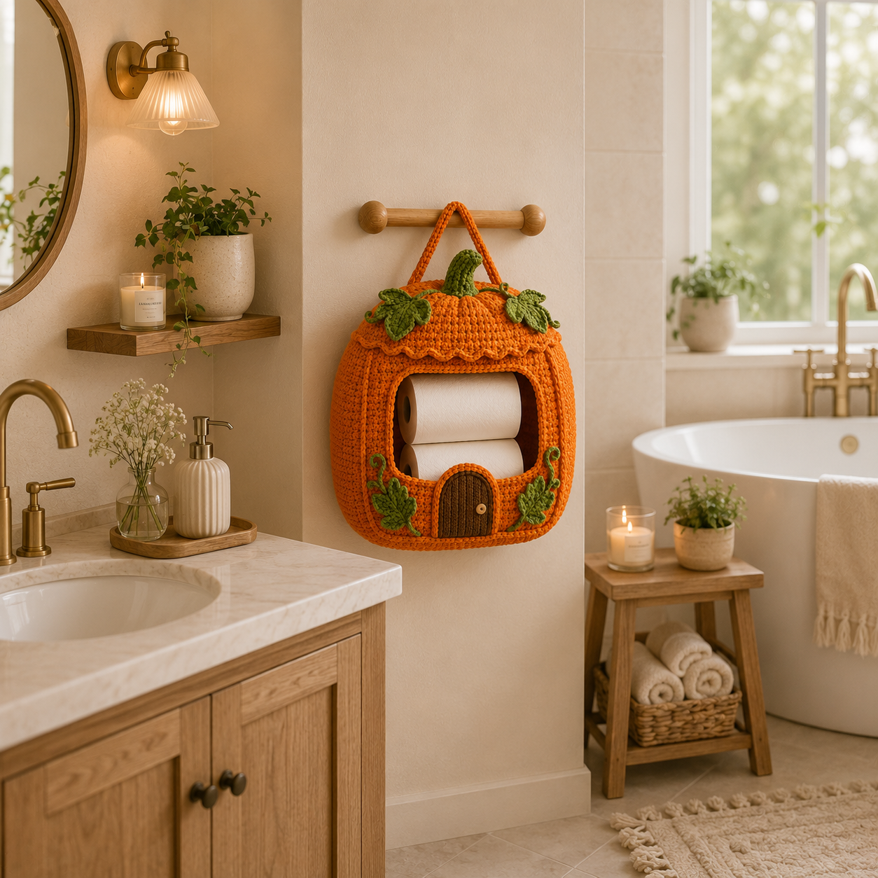 Crochet Pumpkin Toilet Paper Holder - Handmade Hanging Organizer