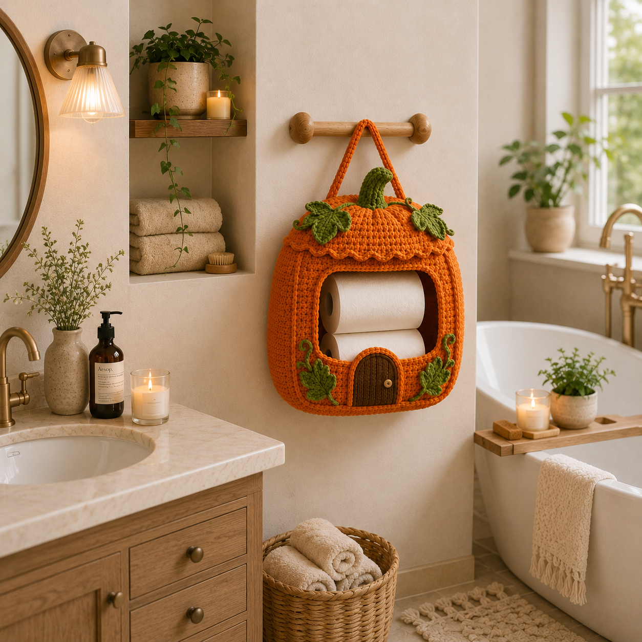 Crochet Pumpkin Toilet Paper Holder - Handmade Hanging Organizer