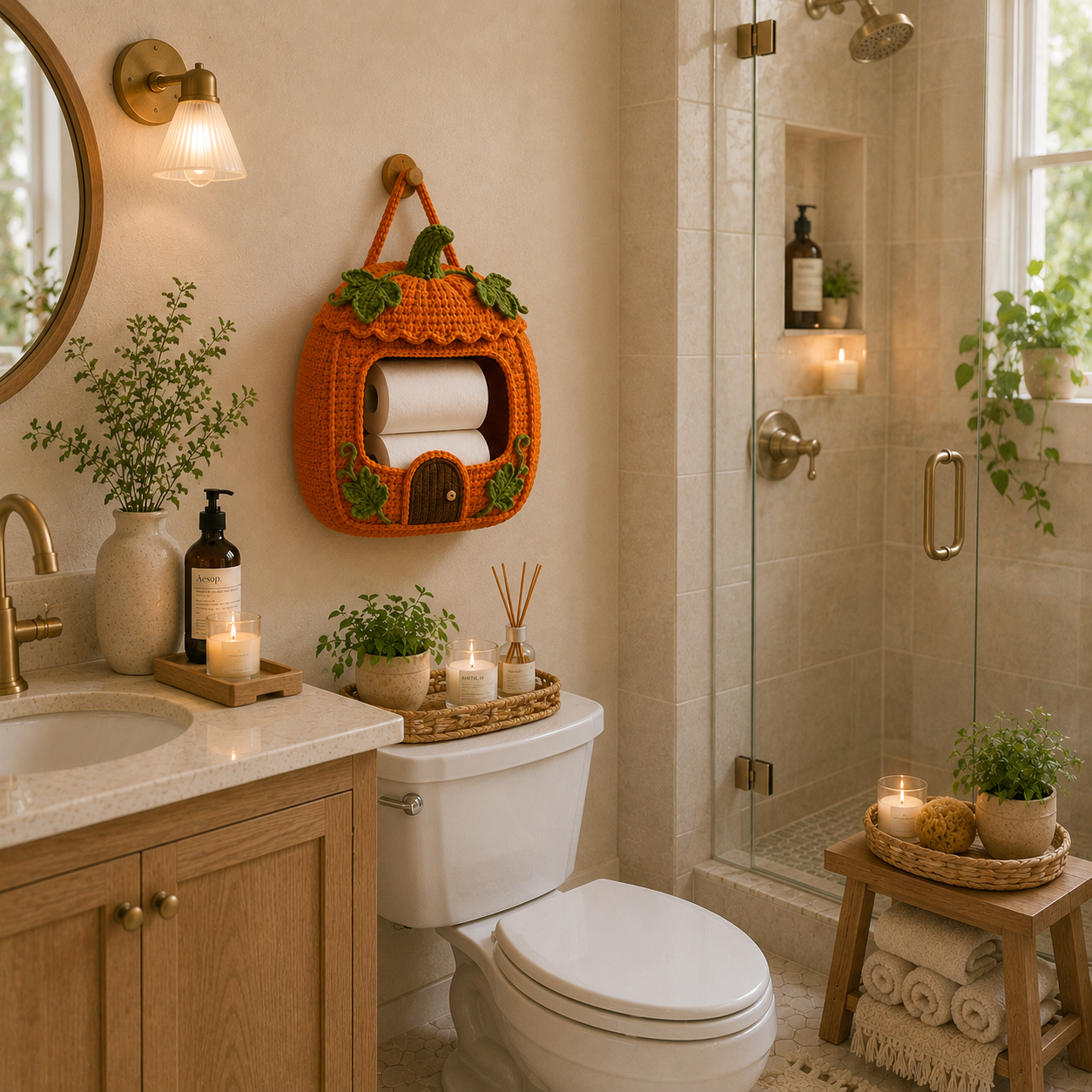 Crochet Pumpkin Toilet Paper Holder - Handmade Hanging Organizer