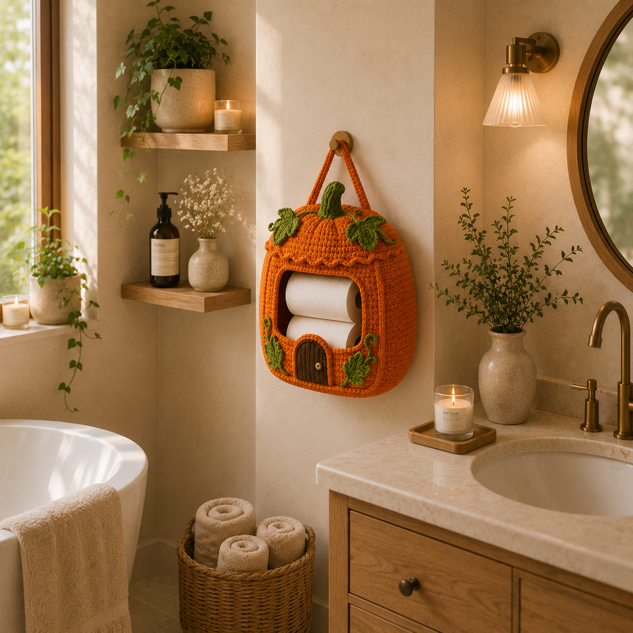 Crochet Pumpkin Toilet Paper Holder - Handmade Hanging Organizer
