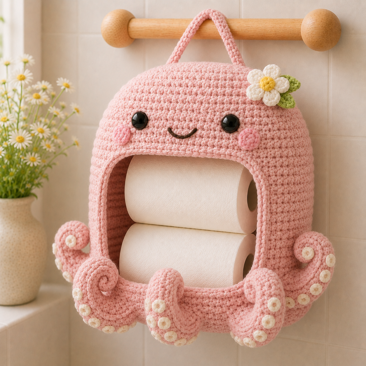 Crochet Octopus Toilet Paper Holder - Handmade Hanging Organizer