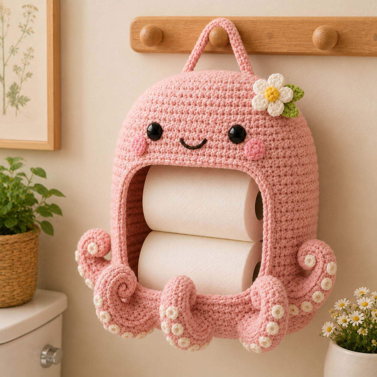 Crochet Octopus Toilet Paper Holder - Handmade Hanging Organizer