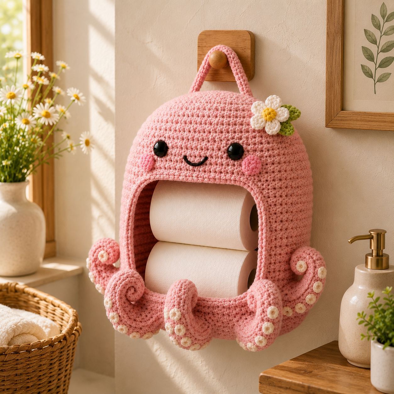 Crochet Octopus Toilet Paper Holder - Handmade Hanging Organizer