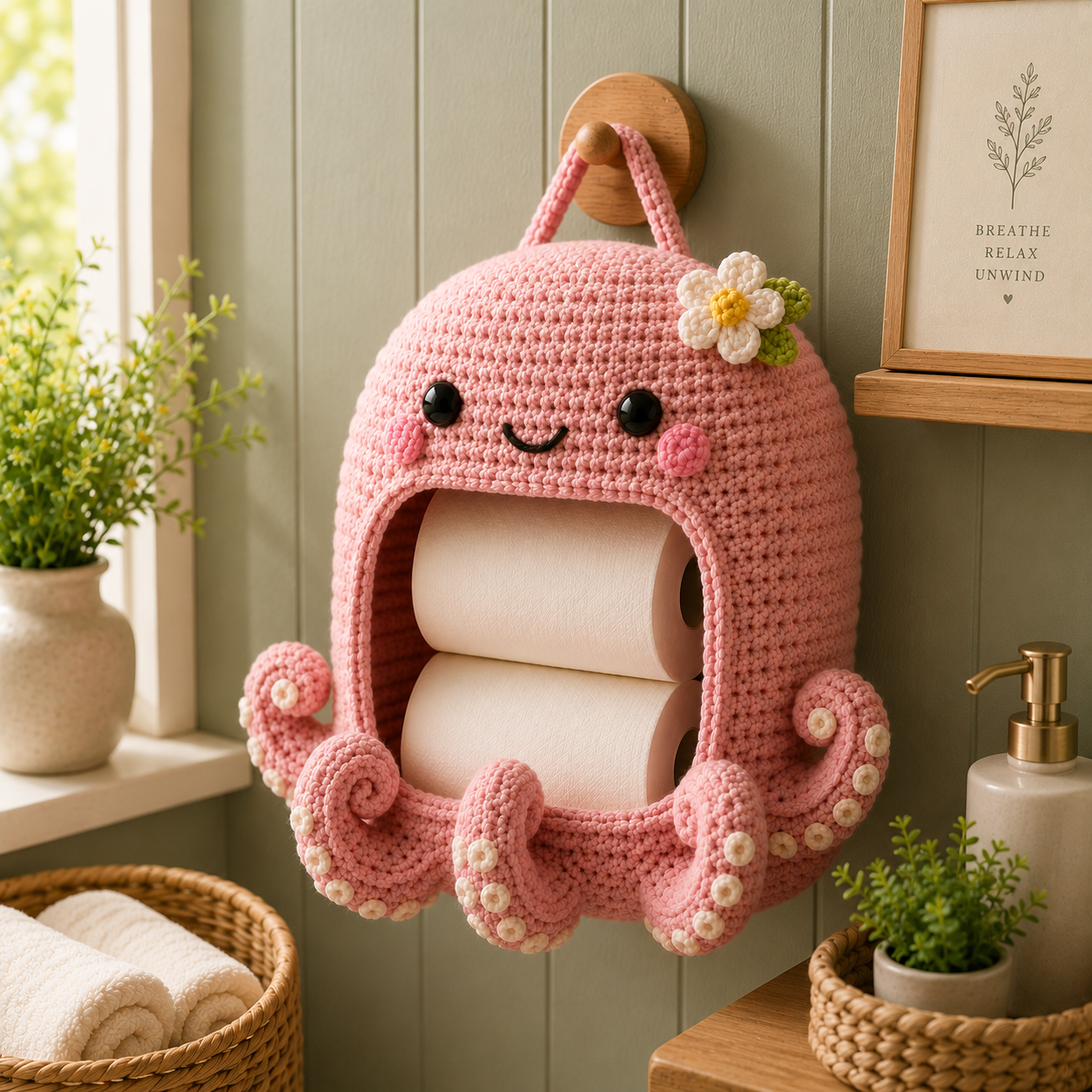 Crochet Octopus Toilet Paper Holder - Handmade Hanging Organizer