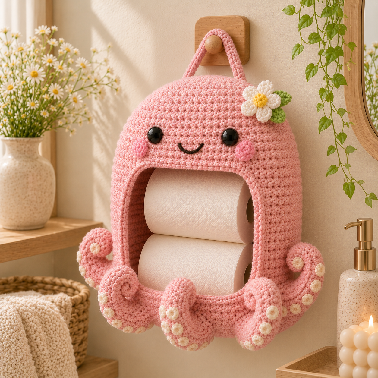 Crochet Octopus Toilet Paper Holder - Handmade Hanging Organizer