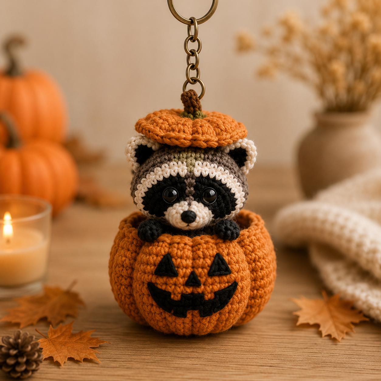 Cute Crochet Raccoon in Pumpkin Keychain - Handmade Amigurumi Fall Bag Charm