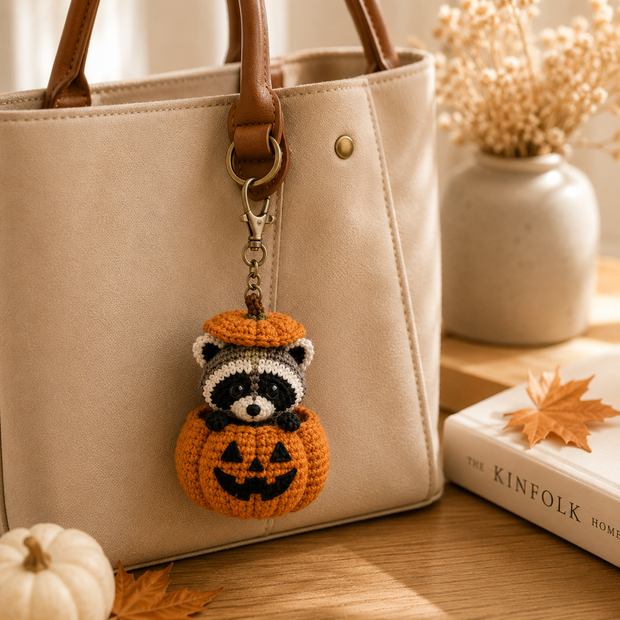Cute Crochet Raccoon in Pumpkin Keychain - Handmade Amigurumi Fall Bag Charm